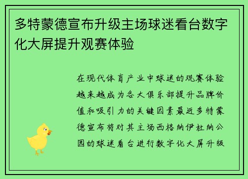 多特蒙德宣布升级主场球迷看台数字化大屏提升观赛体验 多特蒙德宣布升级主场球迷看台数字化大屏提升观赛体验